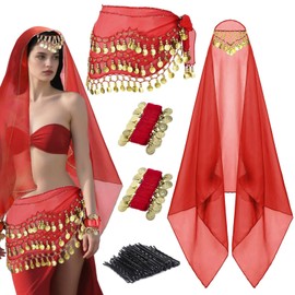 GANZHOUYILAN 4 Pcs Belly Dance Hip Scarf Sets, Belly Dance Skirt & Head Scarf with Coins, 2 Coin Wrist Bracelet 50 Bobby Pins (US, Alpha, One Size, Regular, Short, Red)