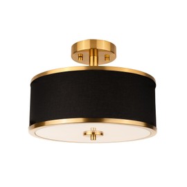 Edwarmlux 3-Light Semi Flush Mount Ceiling Light Fixture, 12.6" Gold Drum Light with Black Fabric Shade, Modern Close to Ceiling Light for Living Room Bedroom Dining Room Kitchen Hallway Entry Foyer