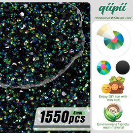 qiipii 1550PCS 5mm Peacok AB Resin Rhinestones for Crafting Dark Green Flatback Jelly Resin Stones Bulk SS20 Non-Hotfix Black Green Diamonds Gems for Nails Face Eyes Makeup Tumblers DIY Crafts Decor