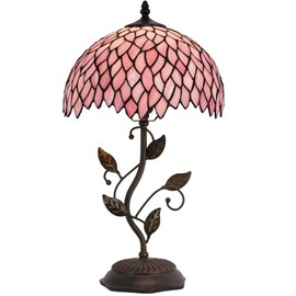LXHCYOU Tiffany Table Lamp, Stained Glass Desk Light, W12H19 Inch, Metal Leaf Base (Pink Wisteria)