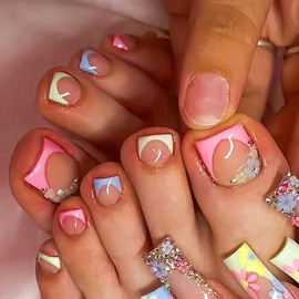 24Pcs Color French Press on Toenails - ZIFANHU Summer Fake Toe Nails Press ons Acrylic Nail Kit Glue on Nails Full Cover Flower False Toe Nails Artifical Stick on Nails for Women Manicure