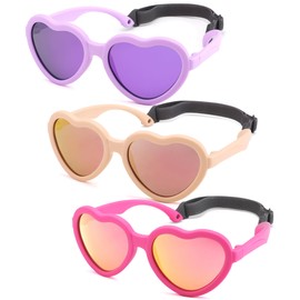 NULOOQ Kids Heart Sunglasses for Girls – Cute Polarized Flexible Frame Toddler Sunglasses with Strap Age 2-8 (Purple Mirrored + Purple Pink Mirrored + Red Mirrored) - 3 Pack