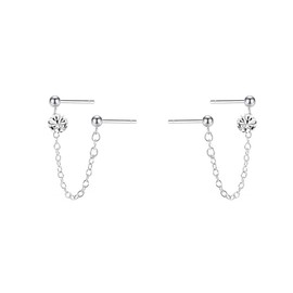 Two Balls Tiny Stud With Chain CZ Round Tassel Cuff S925 Sterling Silver Earrings for Women Girls Cartilage Double Piercing Holes Fashion Chic Minimalist Climber Crawler Threader Dangle Drop Hypoallergenic Fashion Jewelry Gifts, Metal, Cubic Zirconia