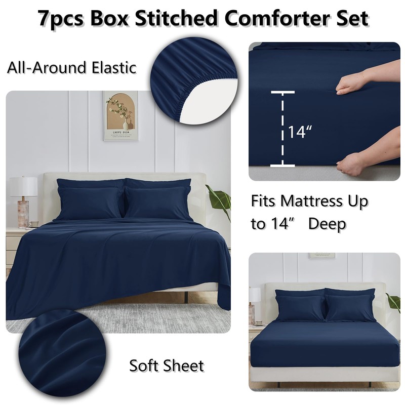 CozyLux Navy Blue Comforter Set Queen 7 Pieces Bed in