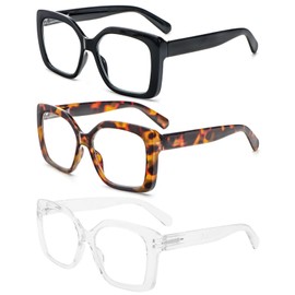 REAVEE 3 Pack Wide Oversized Reading Glasses for Women, Blue Light Blocking Computer Stylish Square Readers with Spring Hinge 3.0