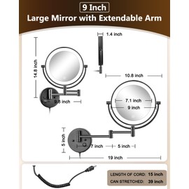 ALHAKIN 9" Wall Mounted Lighted Makeup Mirror, Large Double Sided 1X/10X Magnifying Mirror, 3 Color LED Vanity Mirror with Lights, Touch Dimmable 360° Swivel Light Up for Bathroom, Black