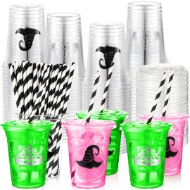 Hushee 50 Sets Witch and Princess Theme Party Supplies 12 oz Witch Hat and Princess Crown Plastic Cups with Lids and Straws Clear Disposable Coffee Juice Drinking Cups for Birthday Baby Shower Party
