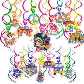 HOWAF Pack of 30 60s Hippie Theme Party Foil Swirl Decorations, 60s Groovy Party Retro Flowers Cutouts Peace Sign Hanging Swirl Ceiling Decorations for 60s Hippie Decoration