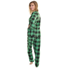 Angelina Women's Pajama Set Cozy Fleece with Notch Collar and Pockets | PJ56_M | Black & Green Plaid