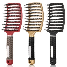 Sportstorm 3 Pieces Hair Brushes Wild Boar Bristles Vented Detangling Hair Brush Curved Vent Hair Brush with Comb for Long, Fine, Thick, Curly Hair, Detangler, Styling Hair Brush Set