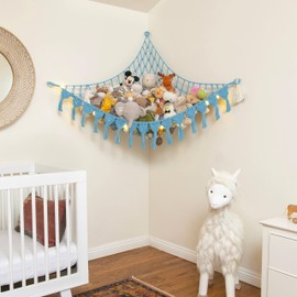 ABBY BABY Extra Large Stuffed Animal Storage Hammock Corner with LED Lights – 25LB Capacity Hanging Toy Net for Small or Large Plushies, Boho Macrame Squishmallow, Plush Net, Blue