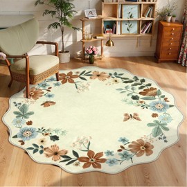 Lahome Floral Washable Round Area Rug, Soft Round Rugs 6ft Ultra-Thin Non-Slip, Boho Large Circle Carpet for Bedroom Living Room Kitchen Nursery, Beige