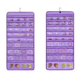 TEMUORG Travel Jewelry Organizer Dual Sided Hanging Earring Holder Bracelet Storage Rolls Rings Display Case with 68 Zippered Pockets (PURPLE)