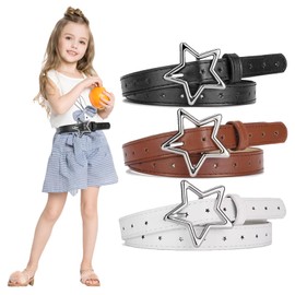 WUERKIYA 3 Pcs Girls Belt Size 6-12 Kids PU Leather Waist Belt, Color Strappy Waist Belt with Pentagram Buckle for Girl Dress Pants Jeans, 3 Colors（White, Camel, Black）