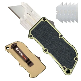 Caresolove Utility Knife Quick Exit Button, EDC Double Action Automatic Knife Push Button, Boxcutter Retractable With Clip, Auto Out The Front Box Cutter With 5PCS Replacement Blades
