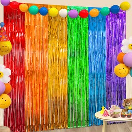 4 Pack 3.3 x 6.6 FT Rainbow Party Decorations Foil Fringe Curtains Photo Backdrop, Rainbow Tinsel Metallic Streamers Holiday Photo Booth Props for Birthday Birthday Wedding Engagement Bridal Shower
