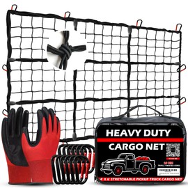 ZULWEST Heavy Duty Cargo Net for Pickup Truck Bed 4x6 ft Stretches to 8x12 ft - 10mm Bungee Mesh with 12 Carabiners, Anti-Slip Gloves & Digital Guide - Truck Bed Netting for Cargo, SUV, Roof Rack