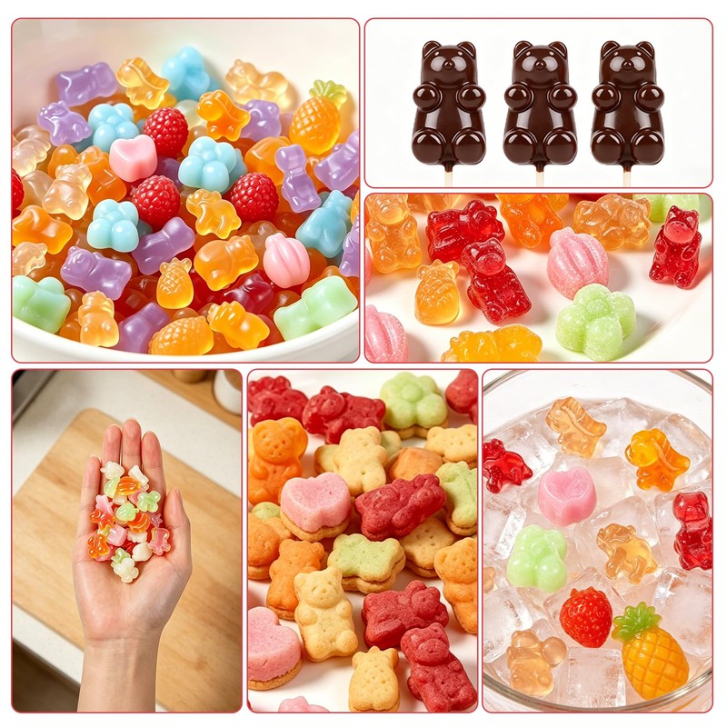 Gummy Candy Molds with 2pcs Droppers, Silicone Bear Dinosaur Fruit