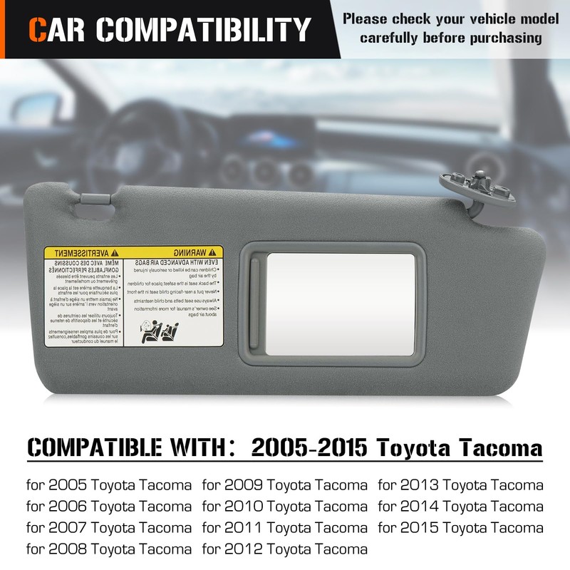 Sun Visor for 2005-2015 Toyota Tacoma Without Light, Right Passenger