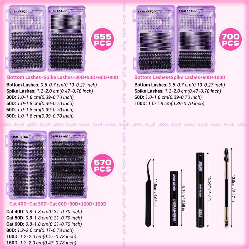 Lash Clusters Kit 3 Boxes 1925Pcs Wispy Eyelash Clusters 30D-150D/Bottom/Spiky