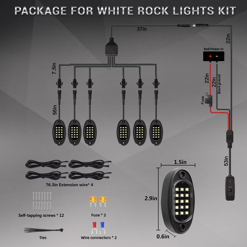 6 Pods White LED Rock Lights with Switch Extension Harness,