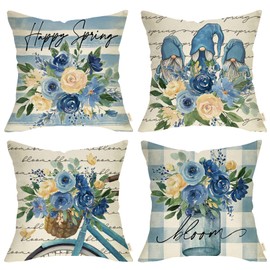 Fjfz Happy Spring Blue Flower Gnome Decorative Throw Pillow Cover 16 x 16 Set of 4, Floral Rose Buffalo Plaid Porch Patio Outdoor Home Decor, Bloom Stripes Bike Seasonal Farmhouse Couch Cushion Case