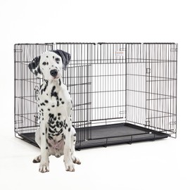 Serenhom Escape-Proof 42-Inch Metal Dog Crate, Pet Kennel, Foldable Double Door with Divider Panel, Leak-Proof Tray & Floor Protecting Feet, Indoor/Outdoor Portable Travel Cage, Black