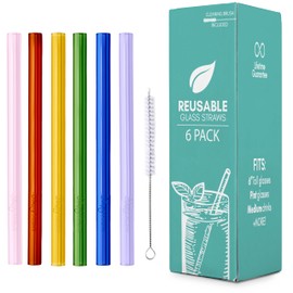Simply Straws 8 Inch Wide Glass Straws (6-Pack) - 12mm Reusable Boba Straws for Milkshakes & Smoothies, with Cleaning Brush - Dishwasher Safe, Hot & Cold Use, BPA-Free (Iridium)