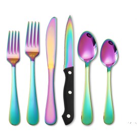 KOOMADE Rainbow Silverware Sets with Steak Knife - 24 PC Stainless Steel Silverware Sets Service for 4 Dishwasher Safe, Mirror Polished Flatware Set For Home,Restaurant,Hotel, Wedding, Parties