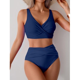 Fanuerg Women High Waisted Bikini Sets V Neck Cross Twist Front Two Piece Swimsuit Tummy Control Bathing Suit Grey Blue S