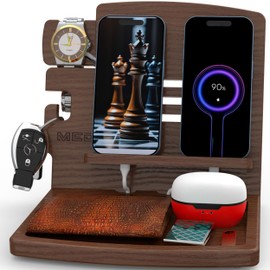 MED Wood Phone Docking Station – Nightstand Desk Organizer for Phone, Watch, Wallet & Tablet – Gift for Men, Husband, Dad & Women – Wooden Charging Stand (Dark Walnut, Model 1)