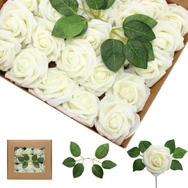WANTMAZOR 100PCS Artificial Flowers Milk White Roses Real Looking Foam Fake Roses with Leaves and for DIY Wedding Bouquets Bridal Shower Centerpieces Party Decorations (Ivory, 100)
