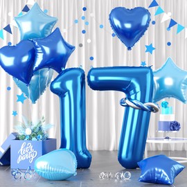 Blue Number 17 Balloons, Dark Blue Number 17 Balloons Set, Blue Foil Star Heart Balloon With Long Balloon For Boys man 17th 71st 7th 17 7 71 Years Old Birthday Party 7th 1st Kid Baby Shower Decor