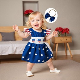 Kuriozud My First 4th Of July Baby Girl Outfit American Flag Romper Dress Newborn Fourth Of July Smocked Dress Cute Clothes (American Flag Blue, 0-3 Months)