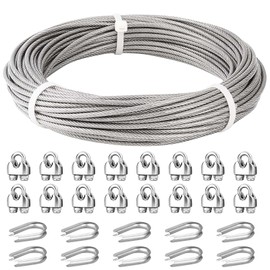 Fshihine 3/16 Wire Rope, 50ft Stainless Steel Cable with Wire Rope Clamps & Thimble, 3700lbs Breaking Strength, 7X19 Strands Aircraft Cable for Zipline, Deck Railing, Clothesline