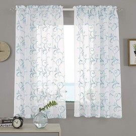 Cortinas transparentes con bordado floral azul de 45 pulgadas de largo, cortinas de gasa clásico con bolsillo para barra para sala de estar, recámara, tratamientos de ventana, paneles de cortina semirarrugados para villa, salón, juego de 2, 52 x 45 pulga