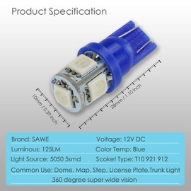 SAWE - T10 Wedge 5-SMD 5050 LED Light bulbs W5W 2825 158 192 168 194 (4 pieces) (Blue)