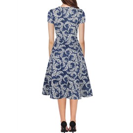 Floral Print Dress Wear to Work Short Sleeve Flared with Pocket Knee Length 60's Vintage Clothing Plus Size 162 (Blue-White, XXL)