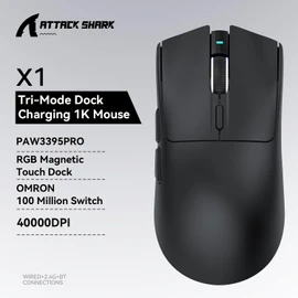 ATTACK SHARK X1 Ultralight Wireless Gaming Mouse with Magnetic RGB Charging Dock,Anti Slip Grip Tape,PixArt PAW3395 Pro Sensor,40000DPI,BT/2.4Ghz/Wired,Optical Micro Switch for PC Mac Gamer(Black)