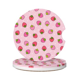 Delerain Strawberry Car Cup Holder Coasters, 2 Pack Ceramic Car Cup Coaster Universal Absorbent Non-Slip Cork Base Drink Coasters with Finger Notch for Easy Move
