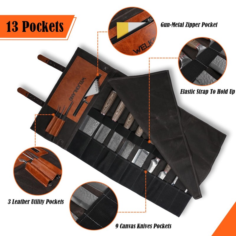 WELKINLAND 13-Pocket Knife Roll, Waxed-Canvas Leather Knife Roll Bag, Heavy-Duty