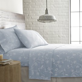 Southshore Fine Living, Inc., 100% Cotton Floral Sheets California King, 300 TC Cal King Size Sheets Set Cotton, 22" Deep Pocket Fitted Sheet, Sweetbrier, Ballard Blue Bedding Set with White Flowers