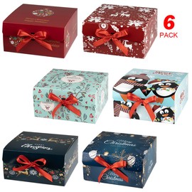 ARTLYMERS Christmas Gift Boxes with Lids, 6 Pack Gift Box and Red Ribbon Christmas Themed Pattern Small Gift Boxes for Xmas Presents Gifts Easy Assemble