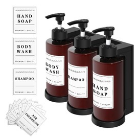 HNCY 3 x 300 ml Soap Dispenser, Wall Mounting Set, Shower Gel Dispenser, No Drilling, Shampoo Dispenser for Shower, Soap Dispenser, Wall with 16 Waterproof Labels for Hotel, Bathroom, Kitchen
