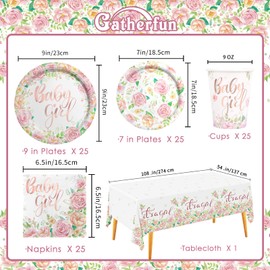 Floral Baby Shower Party Supplies Disposable Paper Plates Napkins Cups Tablecloth for Sweet Baby Girl Shower Party Gender Reveal Birthday Decorations, Serve 25.