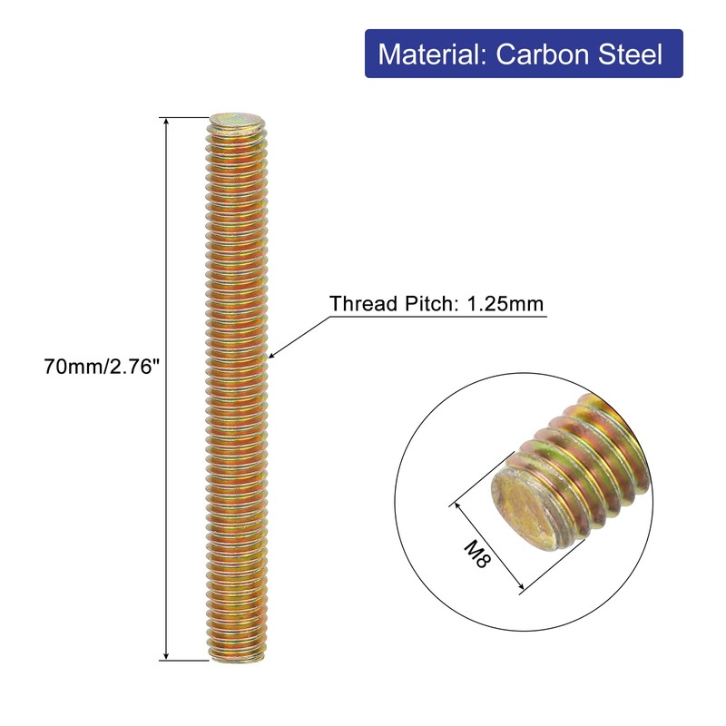 sourcing map 10 Pcs Fully Threaded Rod, M8-1.25x70mm Carbon Steel