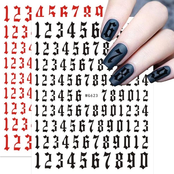 Nail Stickers -6 Sheets 3D Number Nail Decals DIY Nail Art Sticker Black White Gold Silver Red Nail Decorations for Women Girls Gift 6 colors