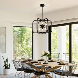 blusun Black Chandelier, 6-Light Dining Room Light Fixture Geometric Metal Modern Farmhouse Chandelier, Hanging Industrial Ceiling Pendant Light for Kitchen Island Entryway Foyer Bedroom Stairway