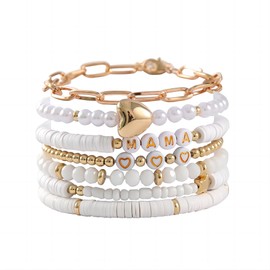 tenghong2021 Boho Multiple Layers Mama Metal Love Pendant Bracelets for Women Surfer Polymer Clay Heishi Stackable Beaded Elastic Bracelets for Women Summer Beach Jewelry Set-A