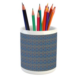 Lunarable Ethnic Pencil Pen Holder, Aztec Style Abstract Pattern in Retro Colors Eastern Folkloric, Ceramic Pencil Holder for Desk Office Accessory, 3.6" X 3.2", Orange Navy Blue